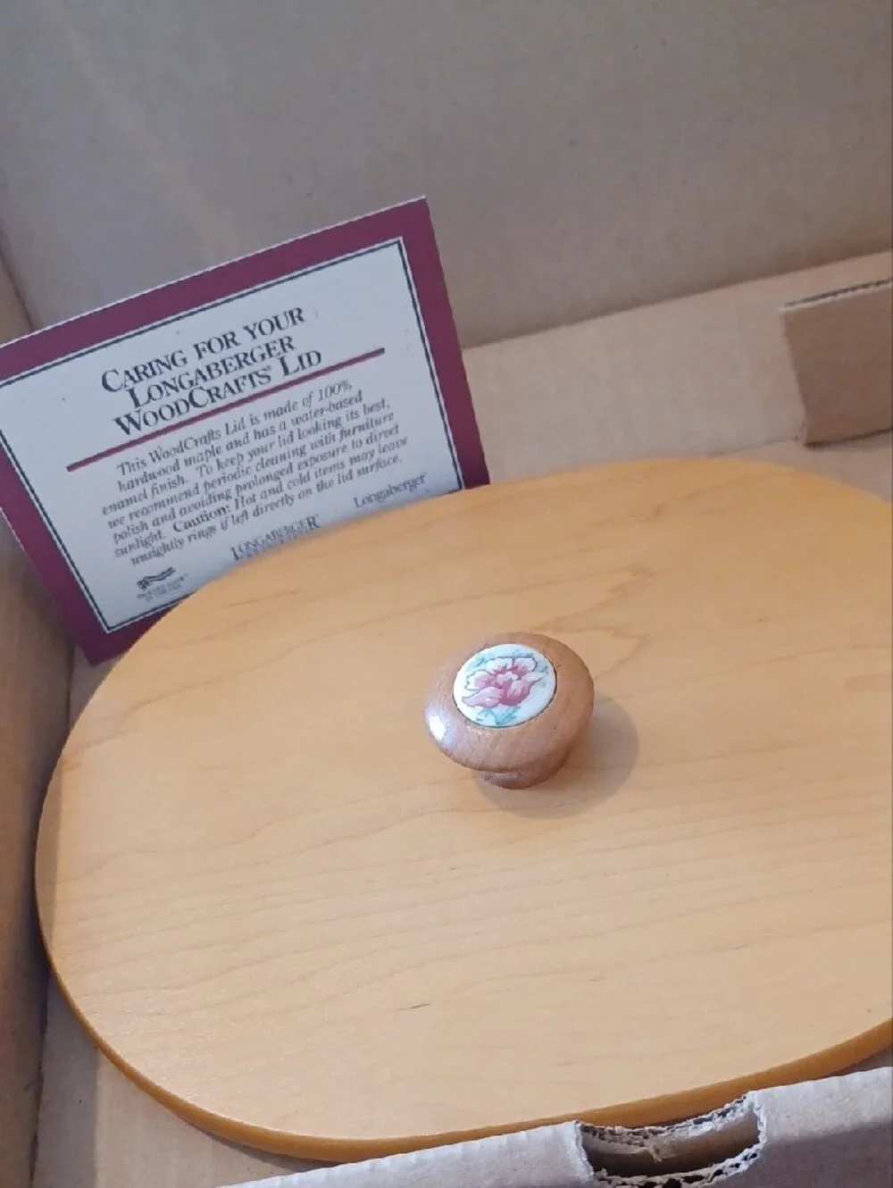 Longaberger Wooden Basket Lid with Floral Knob - Natural Wood and Pink & Basket